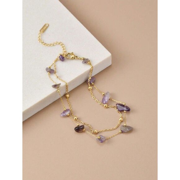 Natural Amethyst Stone Stainless Bracelet Anklet Handmade Goldtone Adjustable - Picture 2 of 5